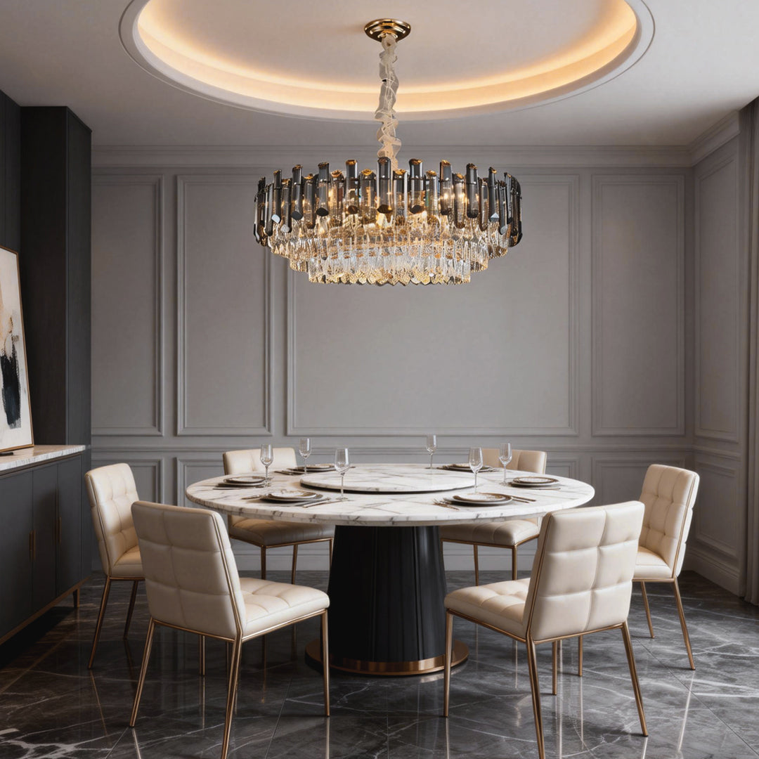 Tiered Smoke Crystal Drum Chandelier, Gold Iron Ceiling Light 2