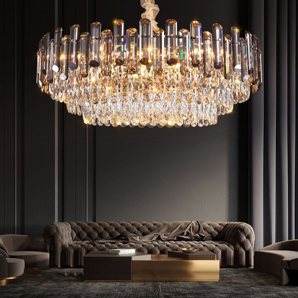 Tiered Smoke Crystal Drum Chandelier, Gold Iron Ceiling Light 8