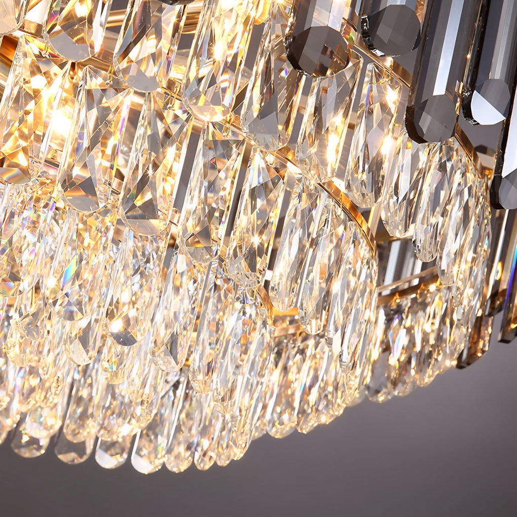 Tiered Smoke Crystal Drum Chandelier, Gold Iron Ceiling Light 10