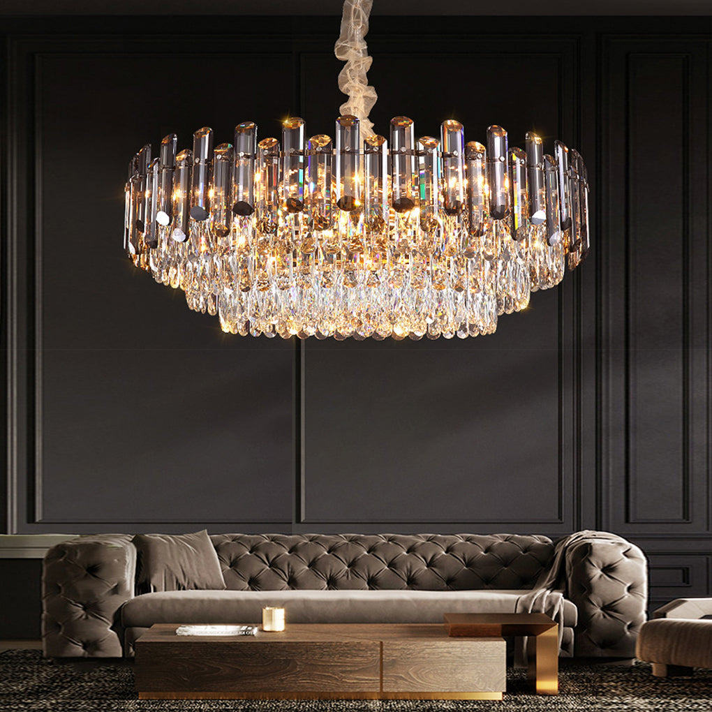 Tiered Smoke Crystal Drum Chandelier, Gold Iron Ceiling Light 3