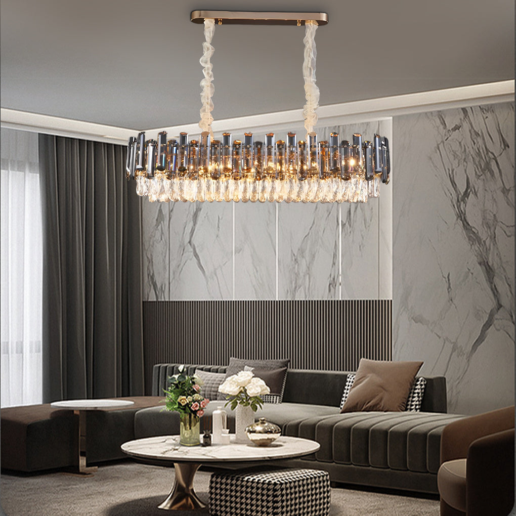 Tiered Smoke Crystal Drum Chandelier, Gold Iron Ceiling Light 4