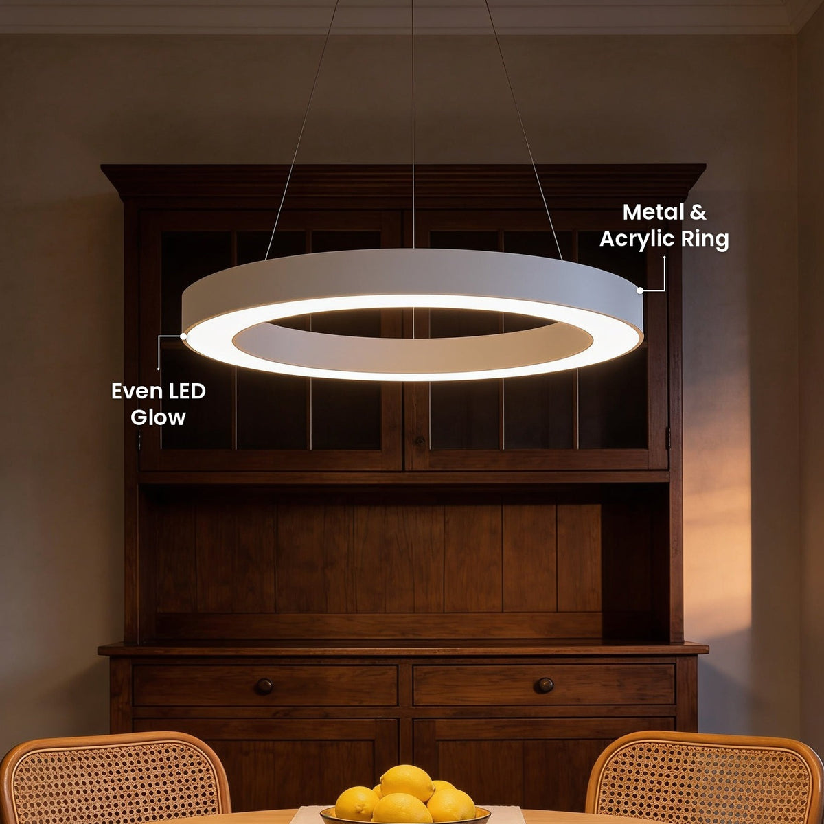 Ring Pendant Light: Metal & Acrylic Ring, Even LED Glow