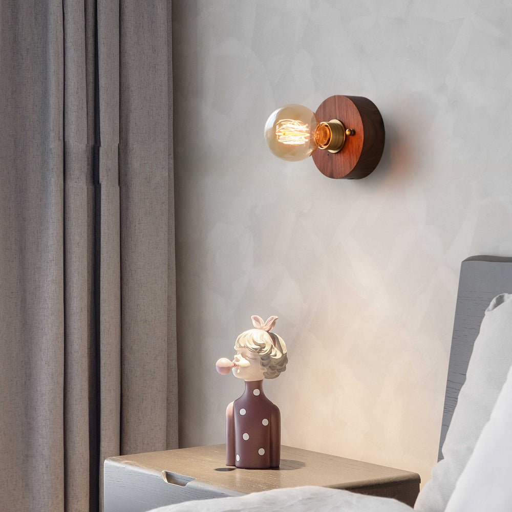 Walnut Disc Wall Light, Wood and Brass Bedside Sconce