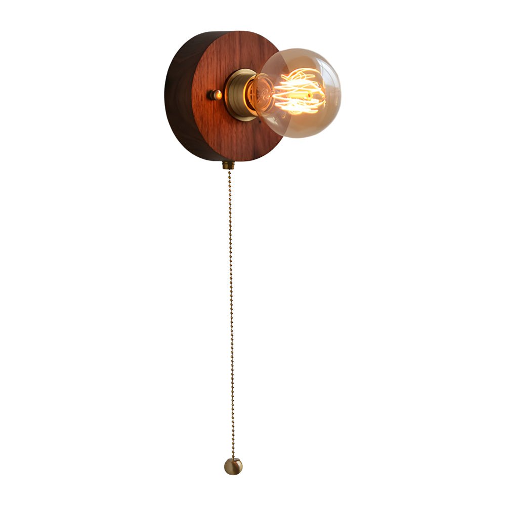Walnut Disc Wall Light, Wood and Brass Bedside Sconce