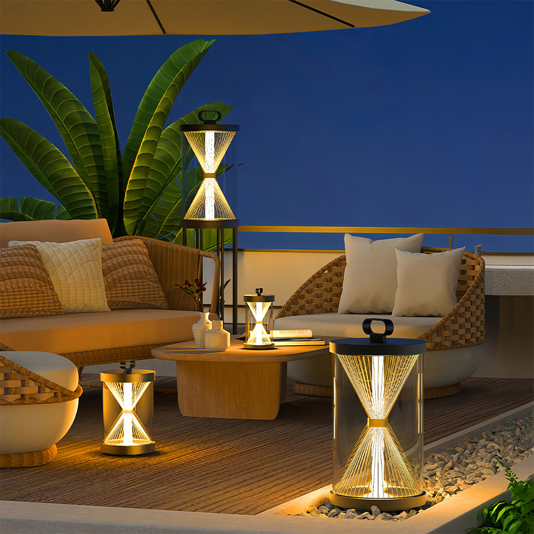 Hourglass Glass Lantern, Black Stainless Steel Outdoor Lantern
