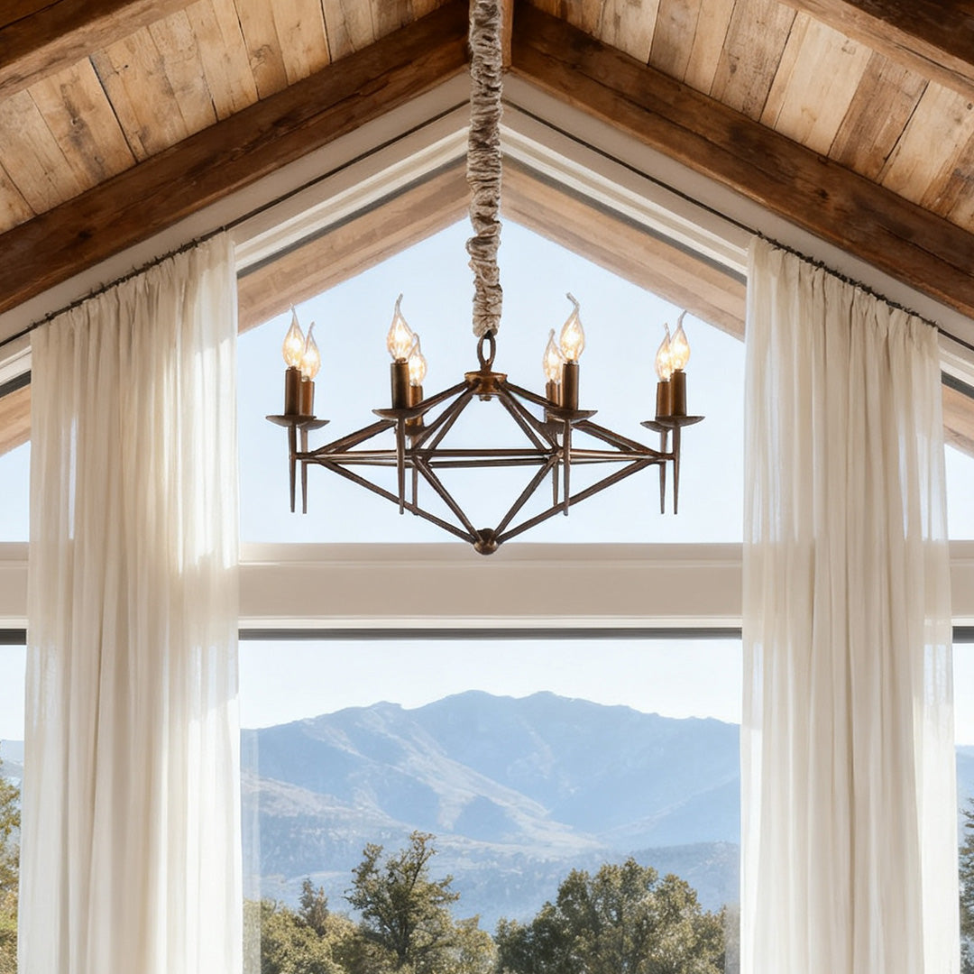 Geometric Diamond Candle Chandelier, Brown Metal Ceiling Light