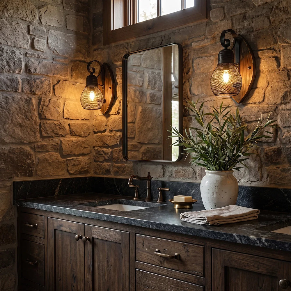 Mesh Cage Wall Sconce, Wood and Black Iron Rustic Light