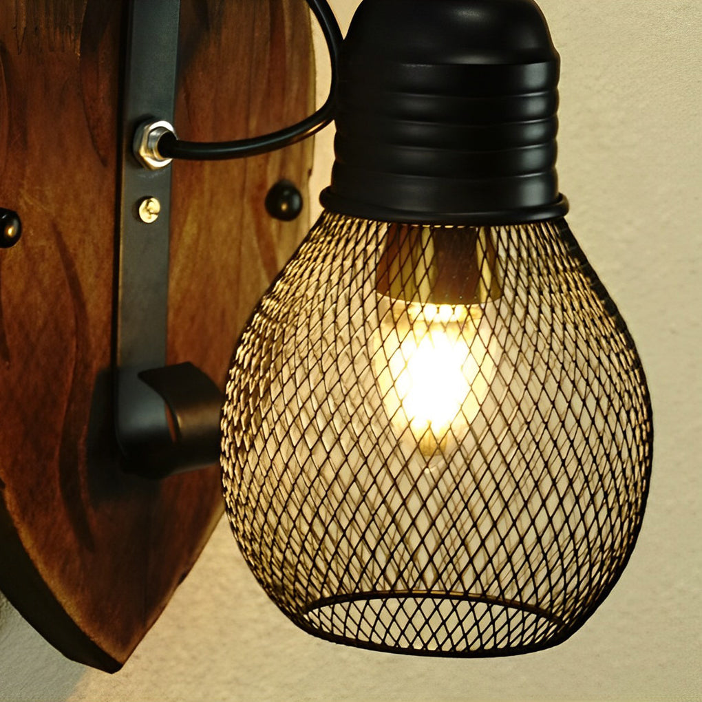 Mesh Cage Wall Sconce, Wood and Black Iron Rustic Light