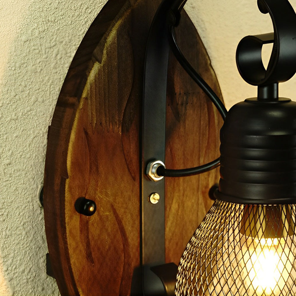 Mesh Cage Wall Sconce, Wood and Black Iron Rustic Light