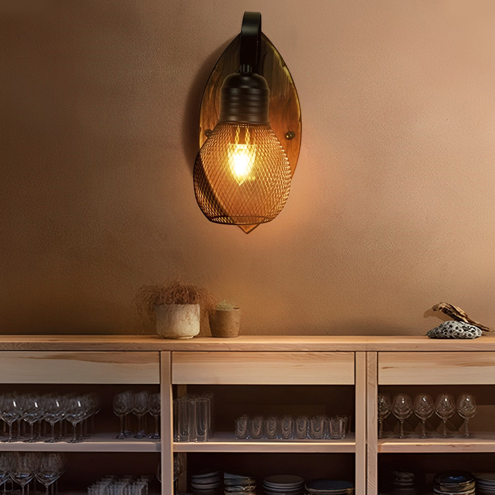 Mesh Cage Wall Sconce, Wood and Black Iron Rustic Light