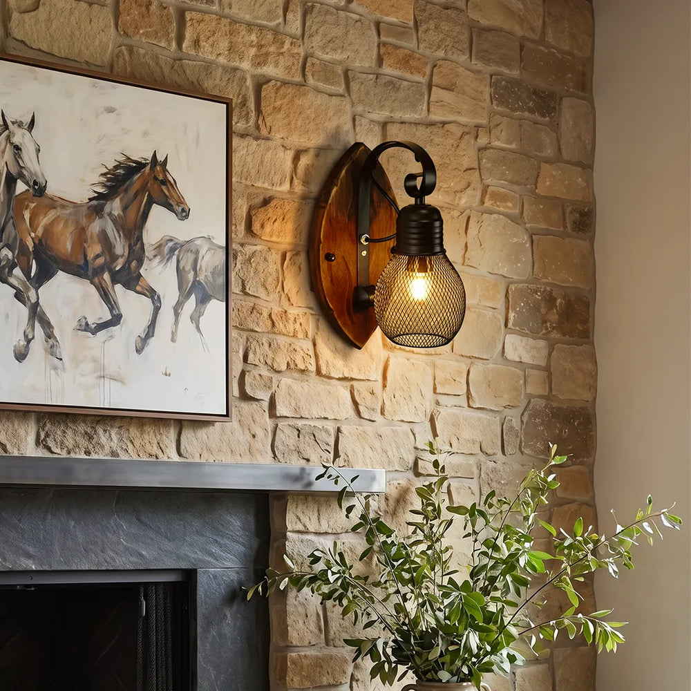 Mesh Cage Wall Sconce, Wood and Black Iron Rustic Light