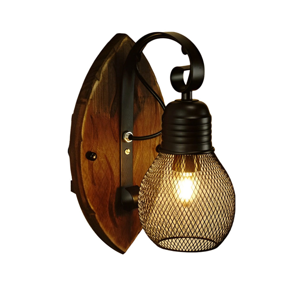 Mesh Cage Wall Sconce, Wood and Black Iron Rustic Light