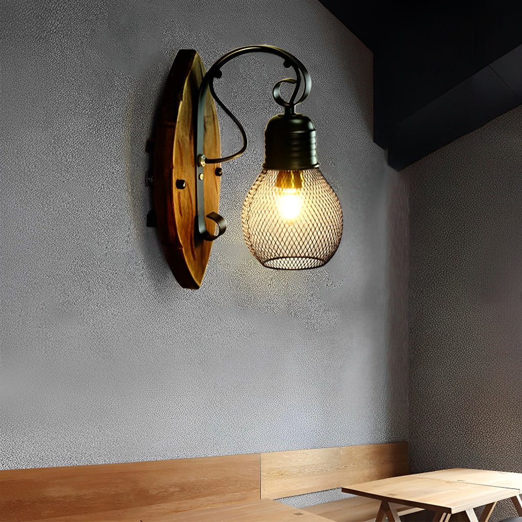 Mesh Cage Wall Sconce, Wood and Black Iron Rustic Light