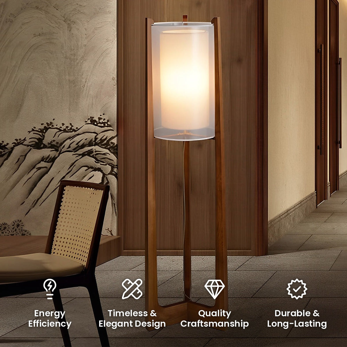 Japanese Wood Floor Lamp: energy efficiency, timeless and elegant design, quality craftsmanship, durable and long-lasting