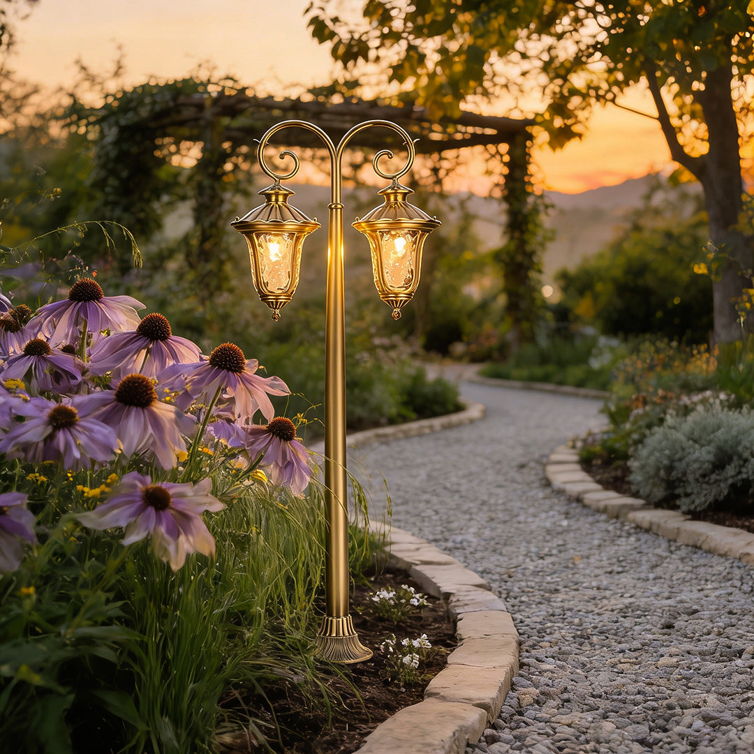 Shepherd Hook Lantern Path Light, Antique Copper Garden Post