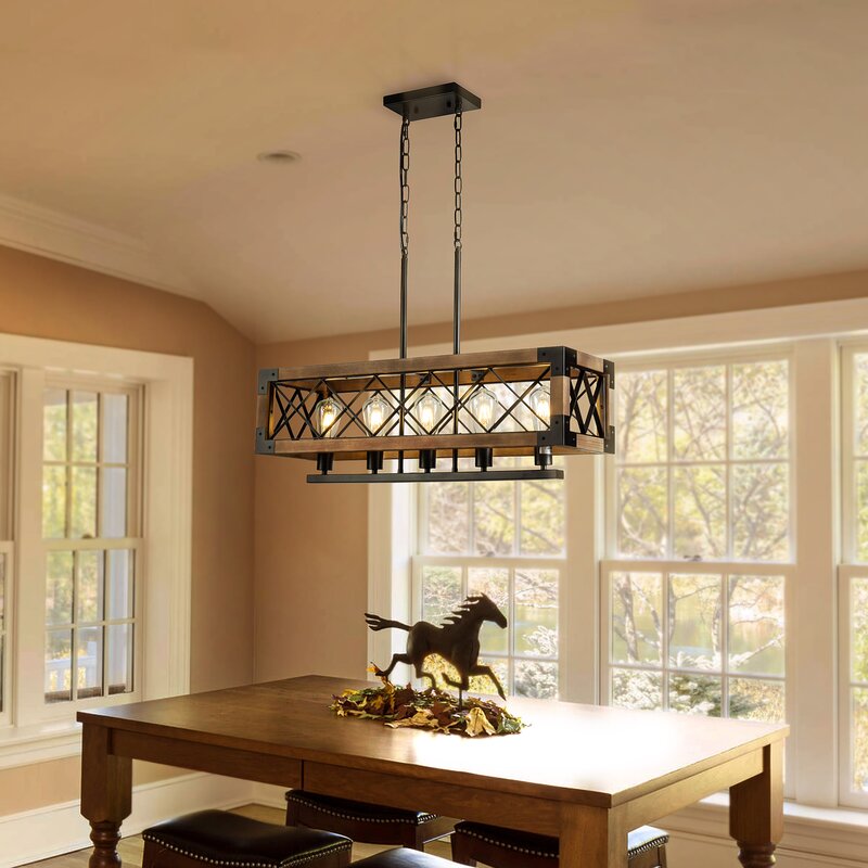 Rustic Wood Cage Linear Chandelier, Farmhouse Island Light