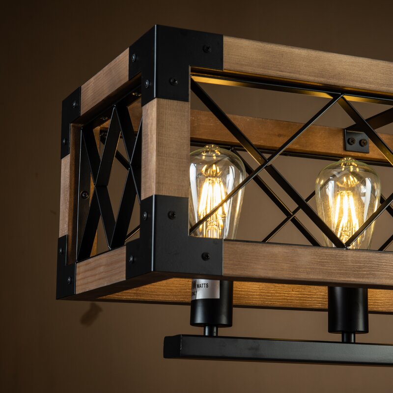 Rustic Wood Cage Linear Chandelier, Farmhouse Island Light