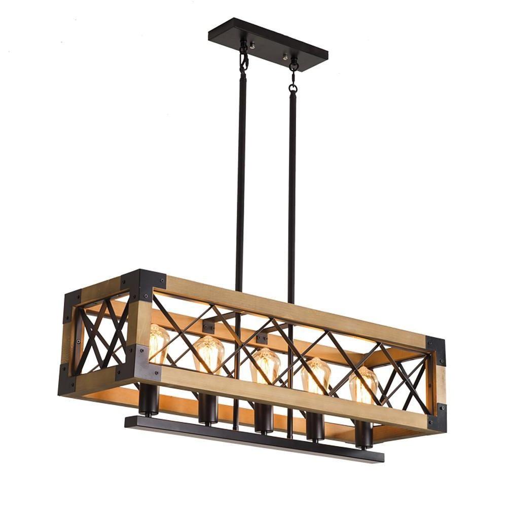 Rustic Wood Cage Linear Chandelier, Farmhouse Island Light
