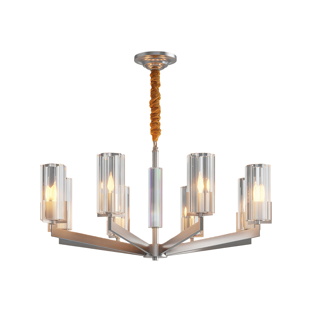 Ribbed Glass Candle Chandelier, Solid Brass Modern Ceiling Light 19