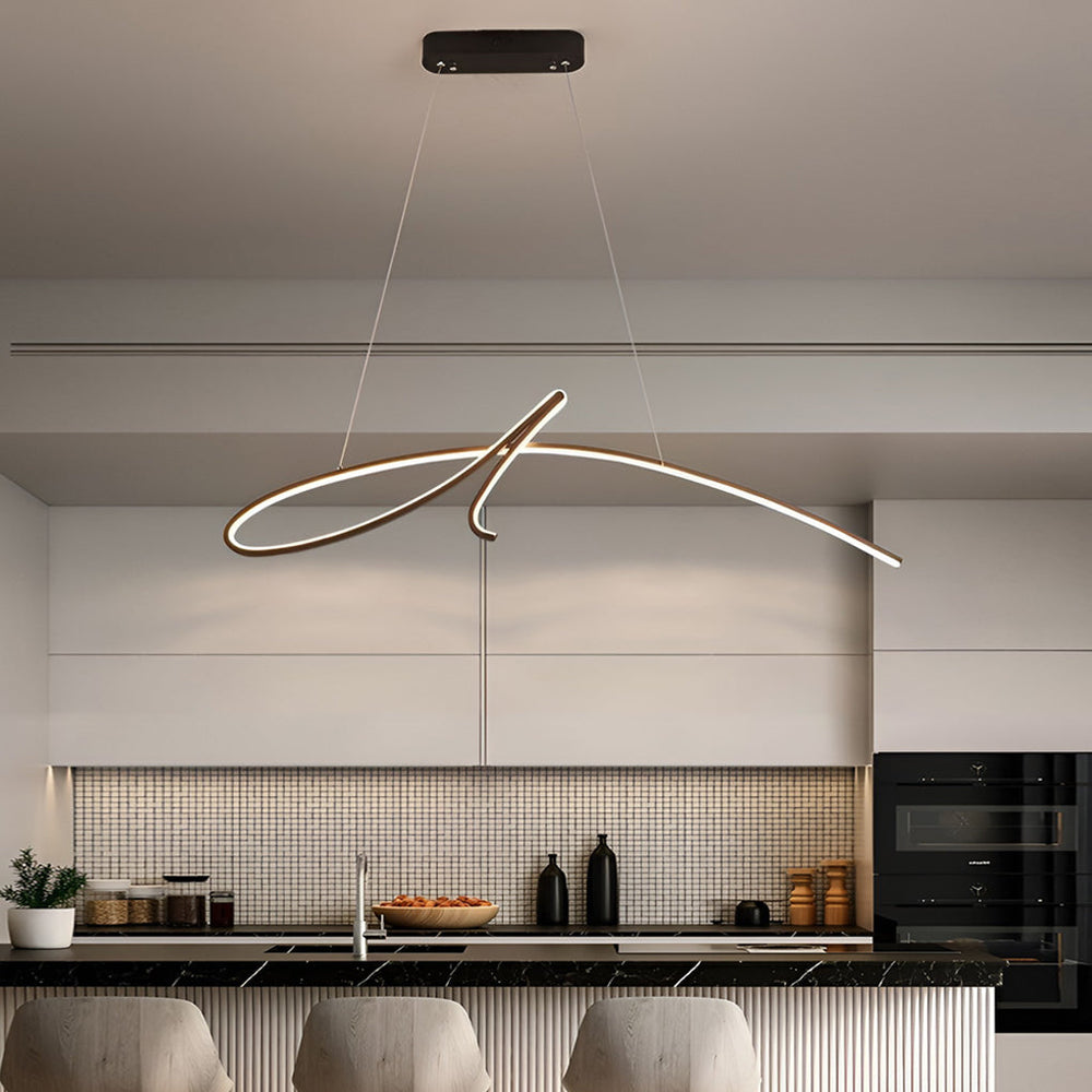 Script Line LED Linear Pendant, Black Iron Modern Island Light