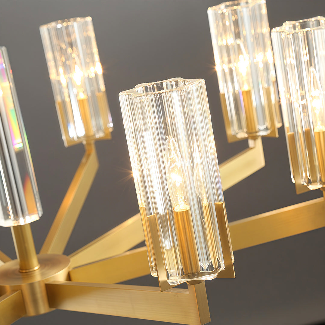 Ribbed Glass Candle Chandelier, Solid Brass Modern Ceiling Light 14