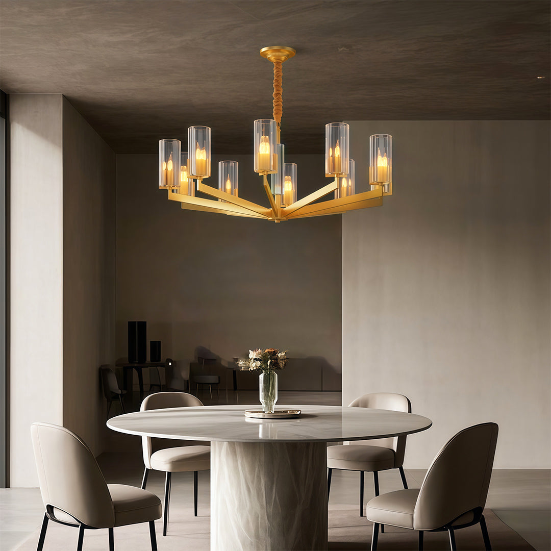 Ribbed Glass Candle Chandelier, Solid Brass Modern Ceiling Light 7