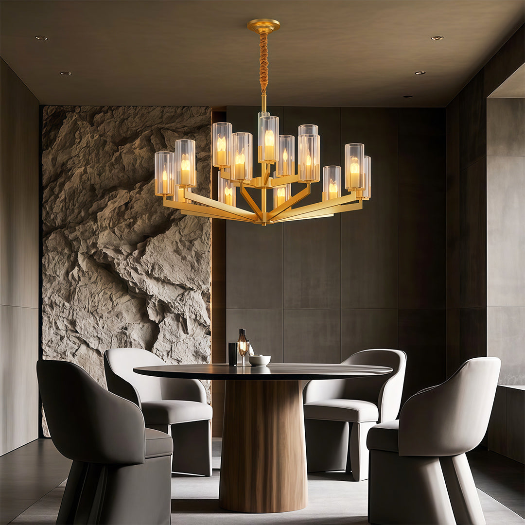 Ribbed Glass Candle Chandelier, Solid Brass Modern Ceiling Light 2