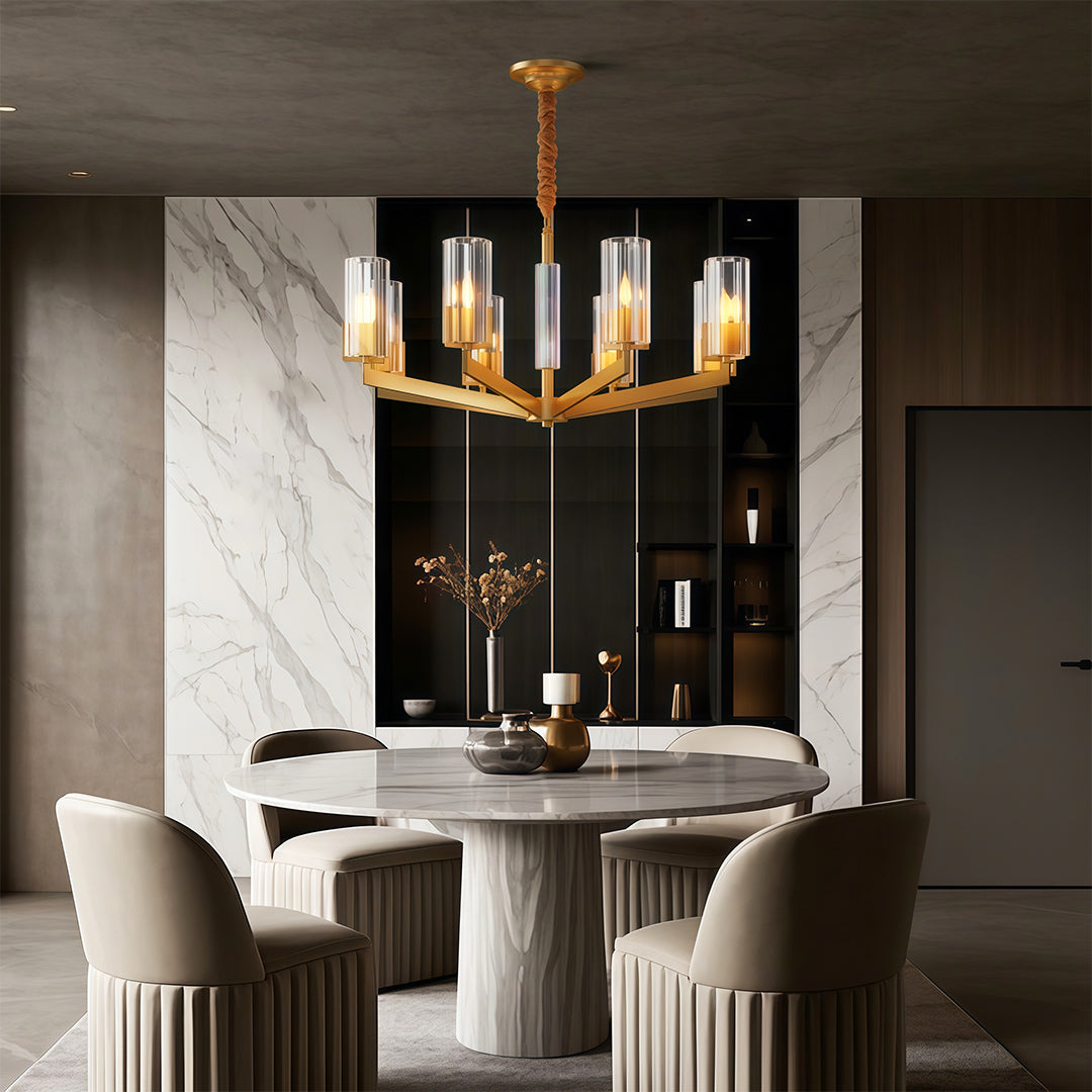 Ribbed Glass Candle Chandelier, Solid Brass Modern Ceiling Light 5