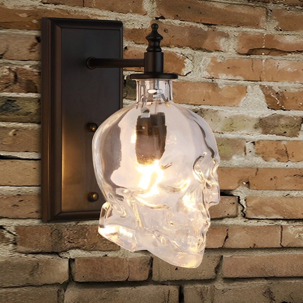 Glass Skull Wall Sconce, Black Iron Industrial Wall Light
