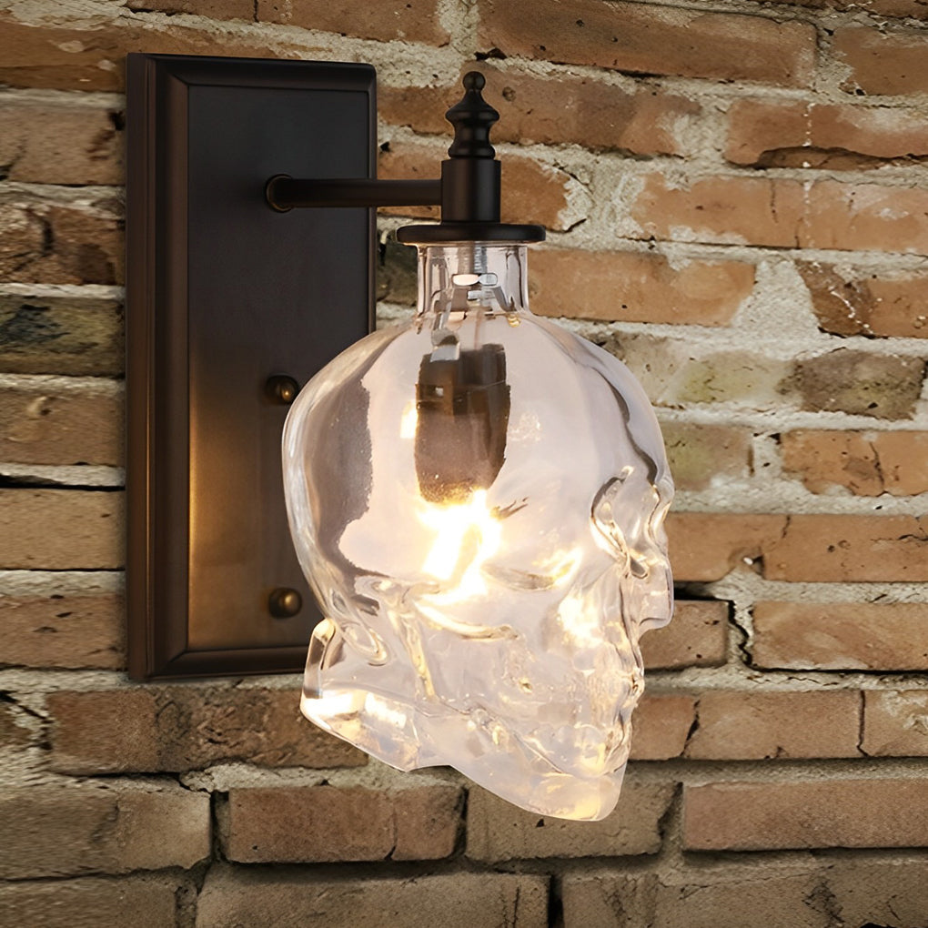 Glass Skull Wall Sconce, Black Iron Industrial Wall Light
