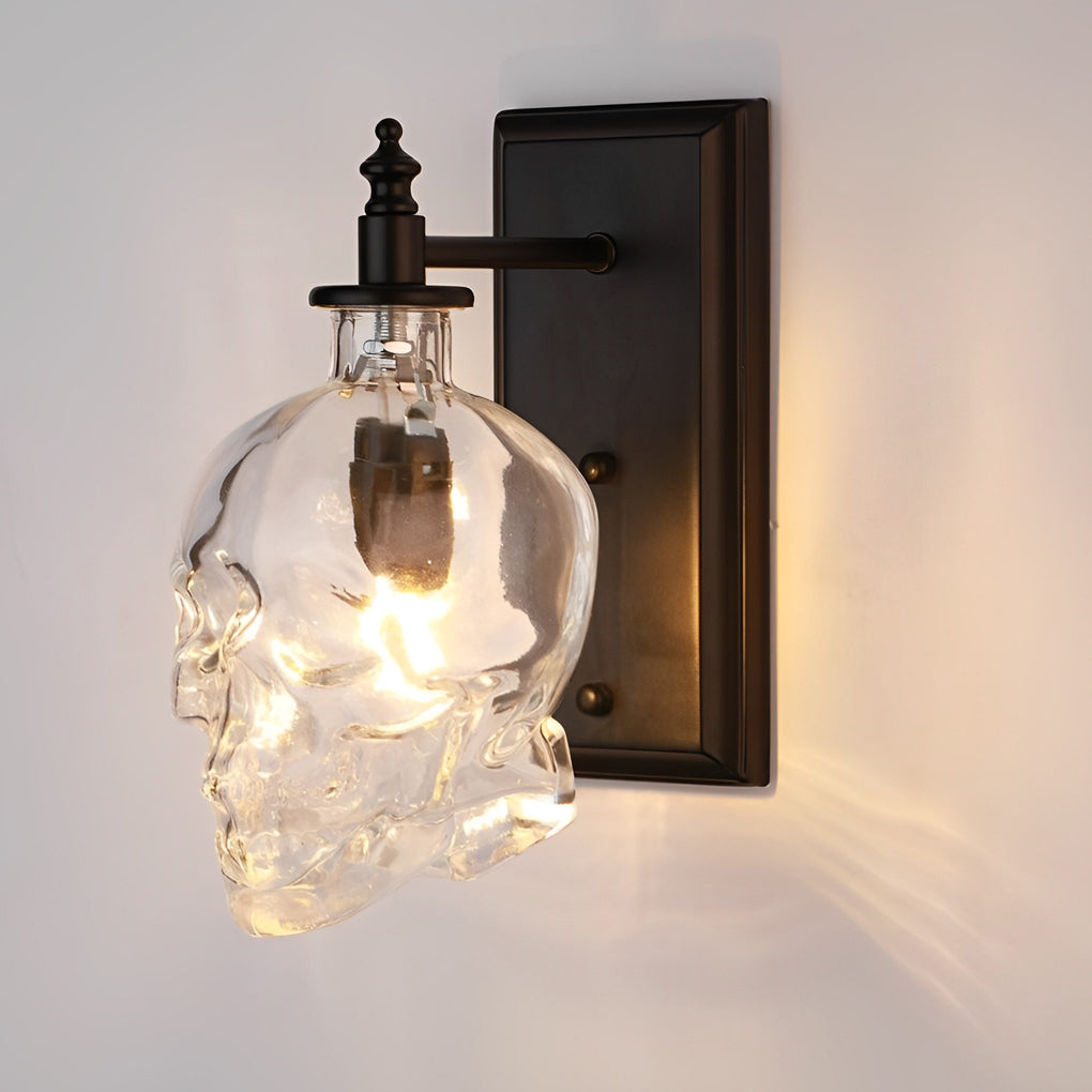 Glass Skull Wall Sconce, Black Iron Industrial Wall Light