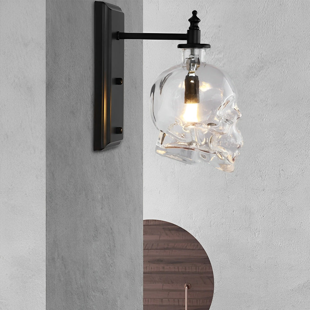 Glass Skull Wall Sconce, Black Iron Industrial Wall Light