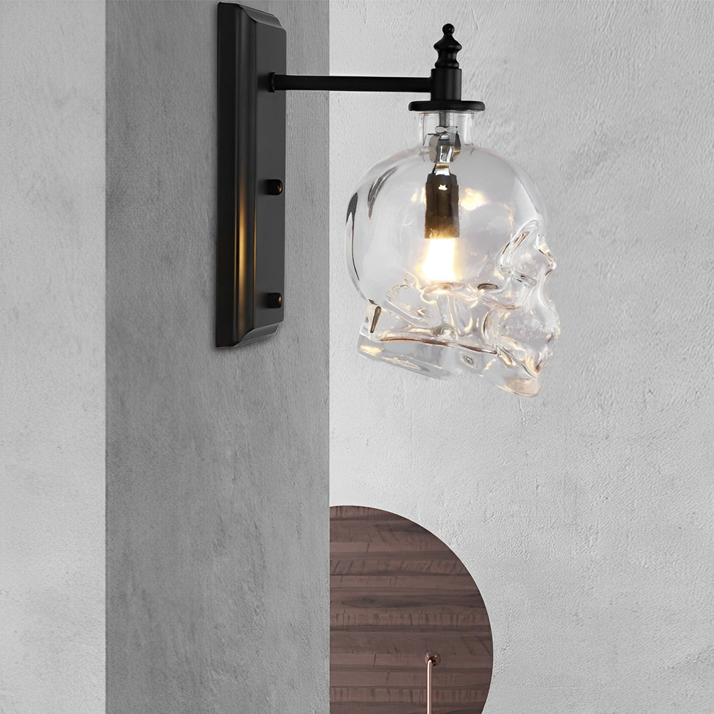 Glass Skull Wall Sconce, Black Iron Industrial Wall Light