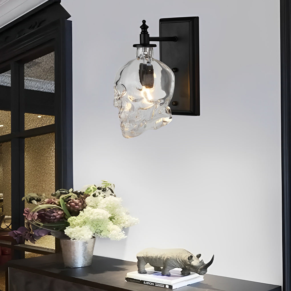 Glass Skull Wall Sconce, Black Iron Industrial Wall Light