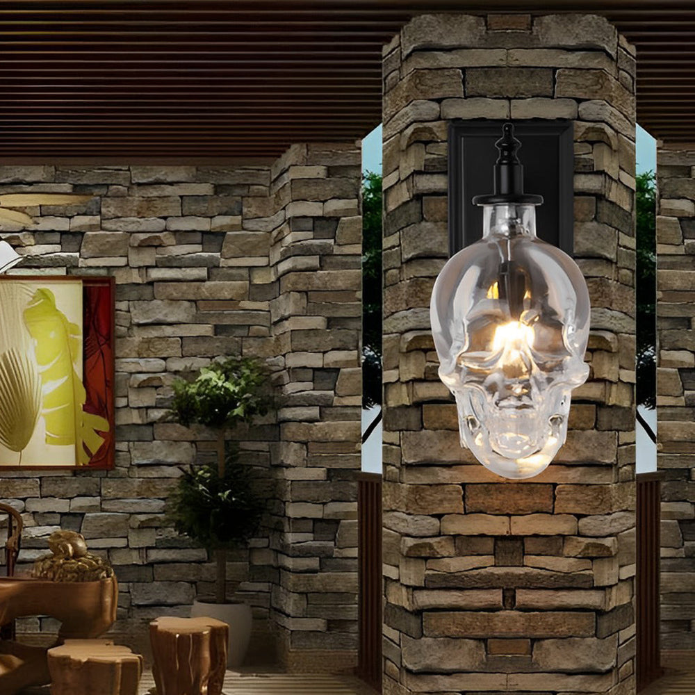 Glass Skull Wall Sconce, Black Iron Industrial Wall Light
