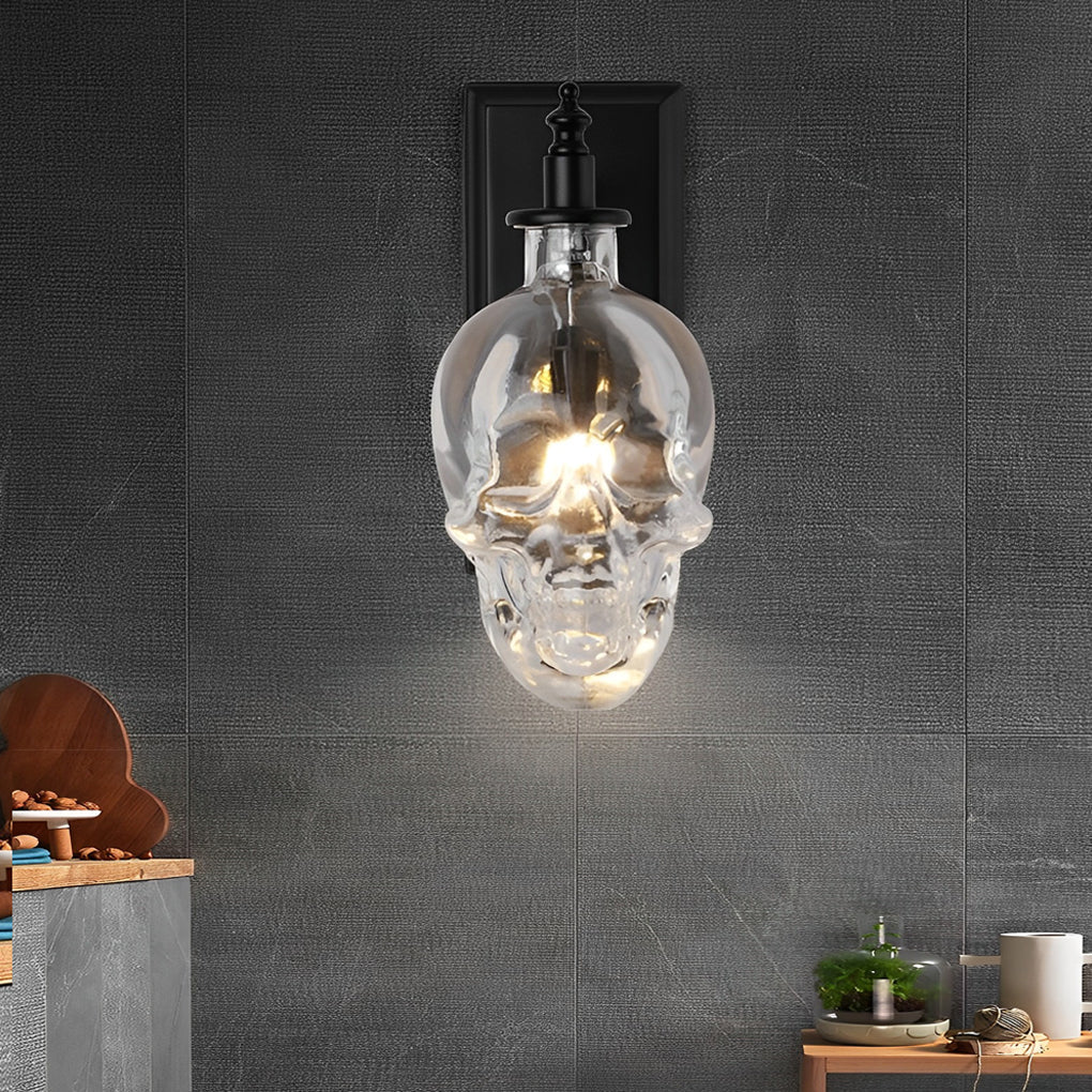 Glass Skull Wall Sconce, Black Iron Industrial Wall Light
