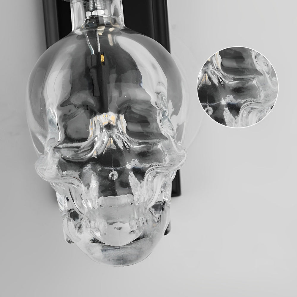 Glass Skull Wall Sconce, Black Iron Industrial Wall Light