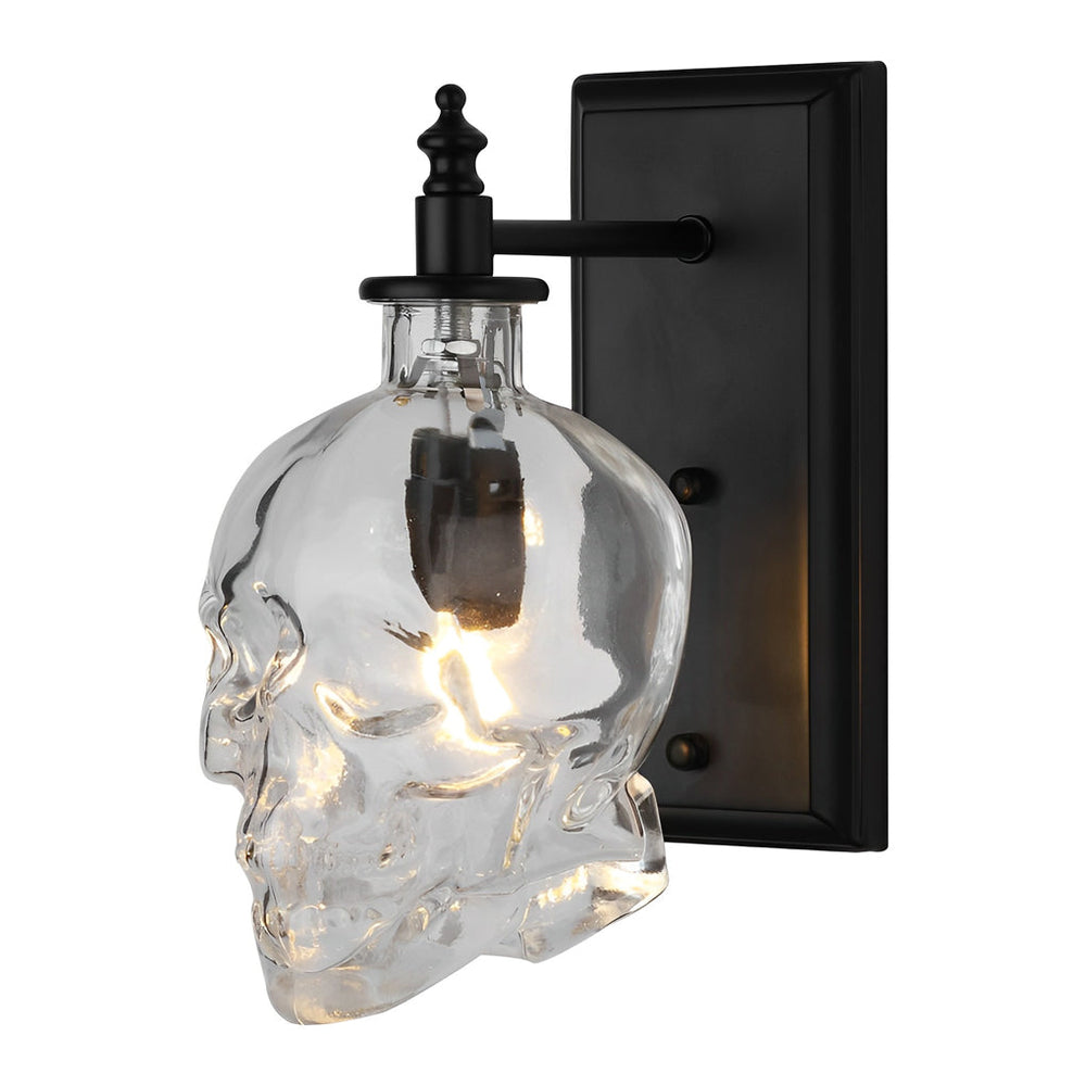 Glass Skull Wall Sconce, Black Iron Industrial Wall Light
