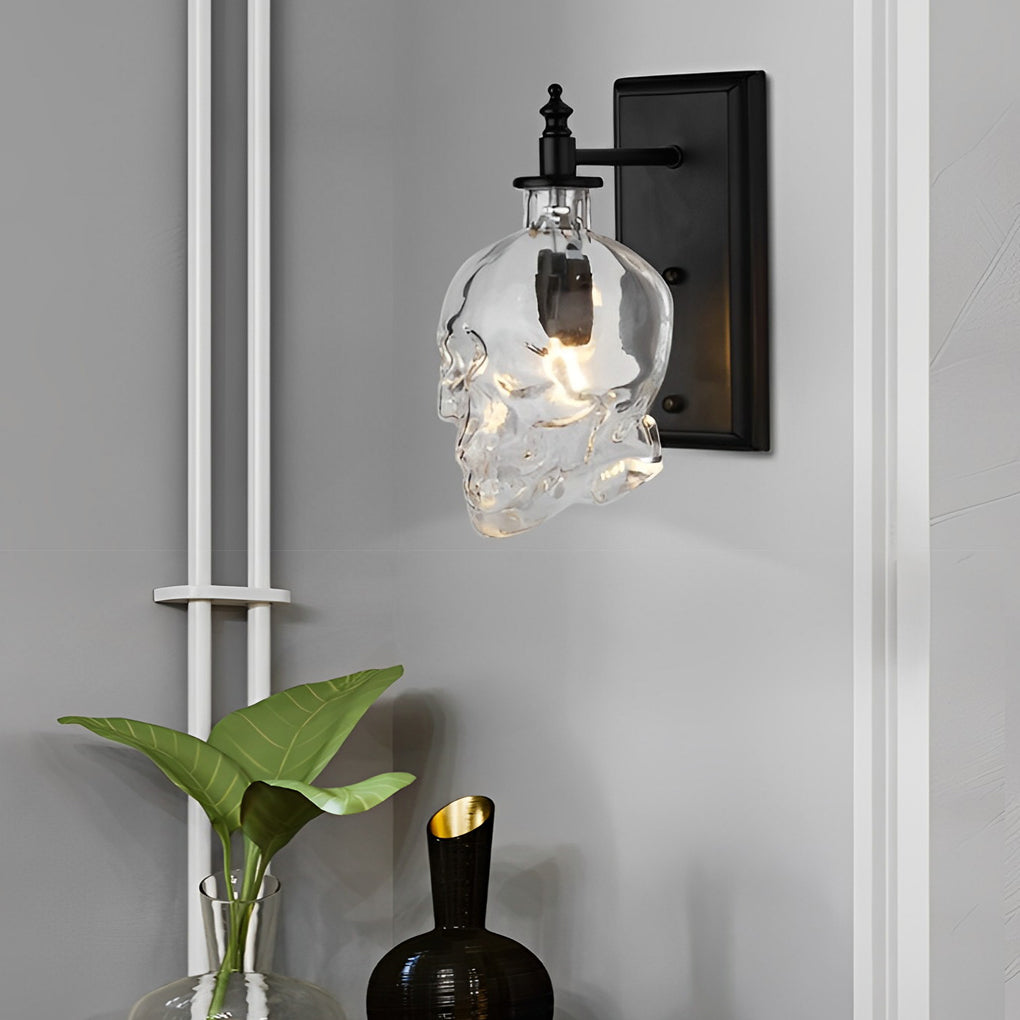 Glass Skull Wall Sconce, Black Iron Industrial Wall Light
