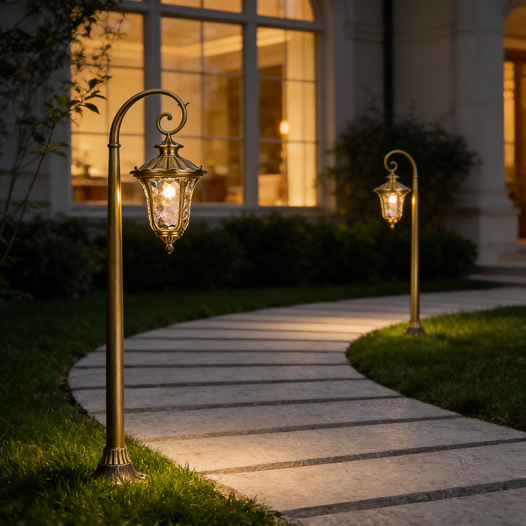Shepherd Hook Lantern Path Light, Antique Copper Garden Post
