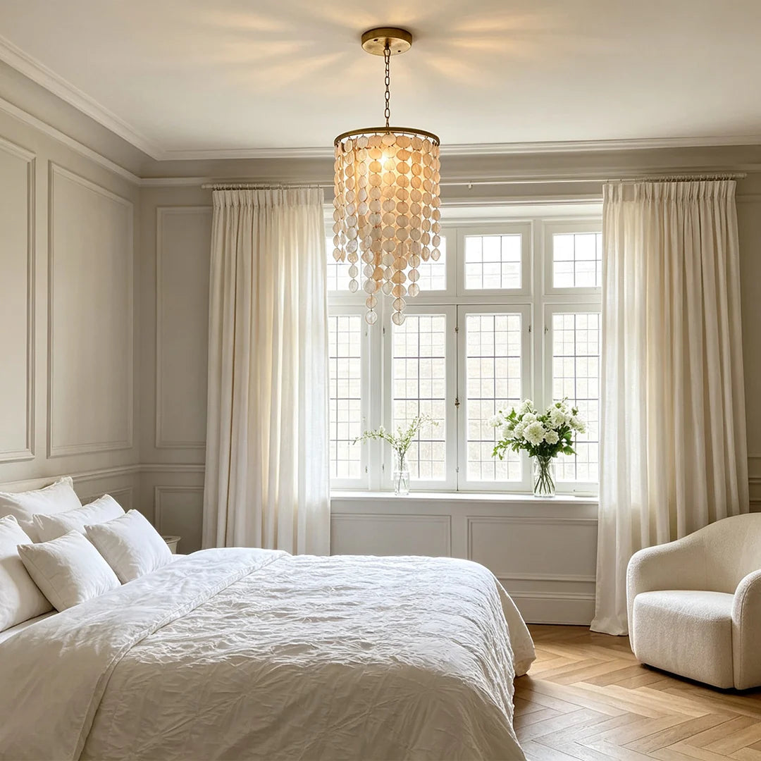 White Shell Cascade Staircase Chandelier, Gold Iron Ceiling Light 2