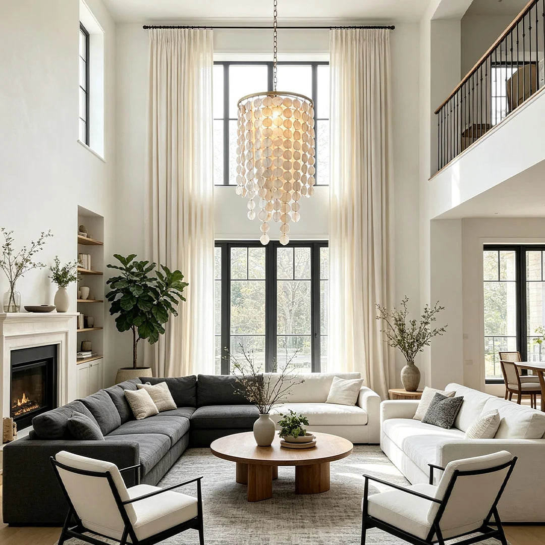 White Shell Cascade Staircase Chandelier, Gold Iron Ceiling Light 4