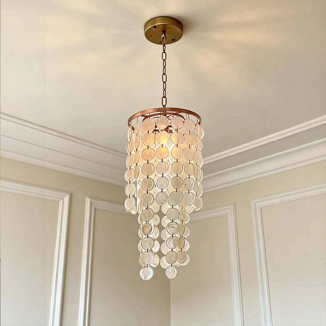 White Shell Cascade Staircase Chandelier, Gold Iron Ceiling Light