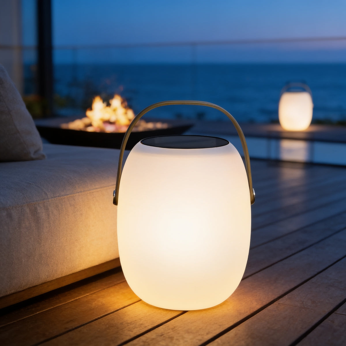 Solar Floor Lantern on a terrace at dusk