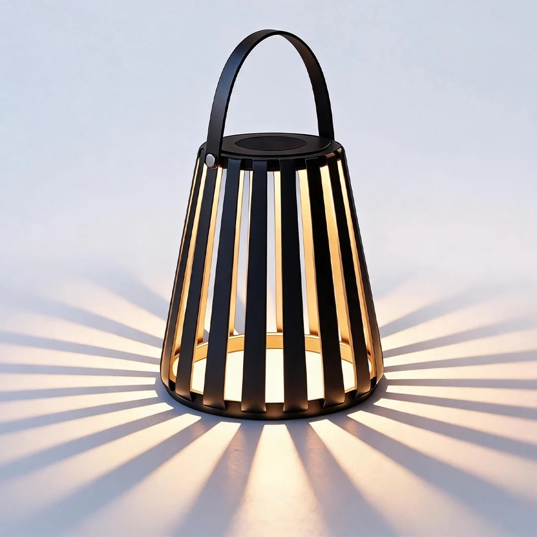 Slatted Solar Patio Lantern, Black Stainless Steel Portable Light