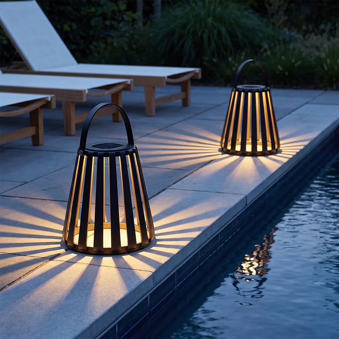 Slatted Solar Patio Lantern, Black Stainless Steel Portable Light