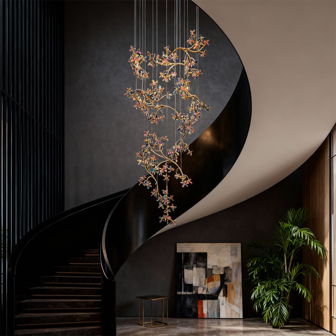 Crystal Blossom Vine Staircase Chandelier, Stainless Steel Drop Light 3