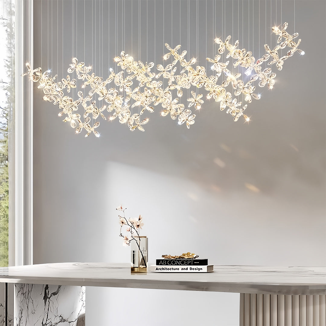 Crystal Blossom Cloud Chandelier, Chrome Rectangular Island Light 8