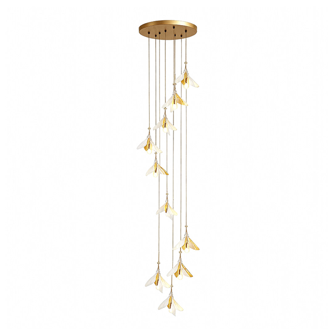 Ceramic Blossom Spiral Staircase Chandelier, Gold Iron Long Drop Light 15