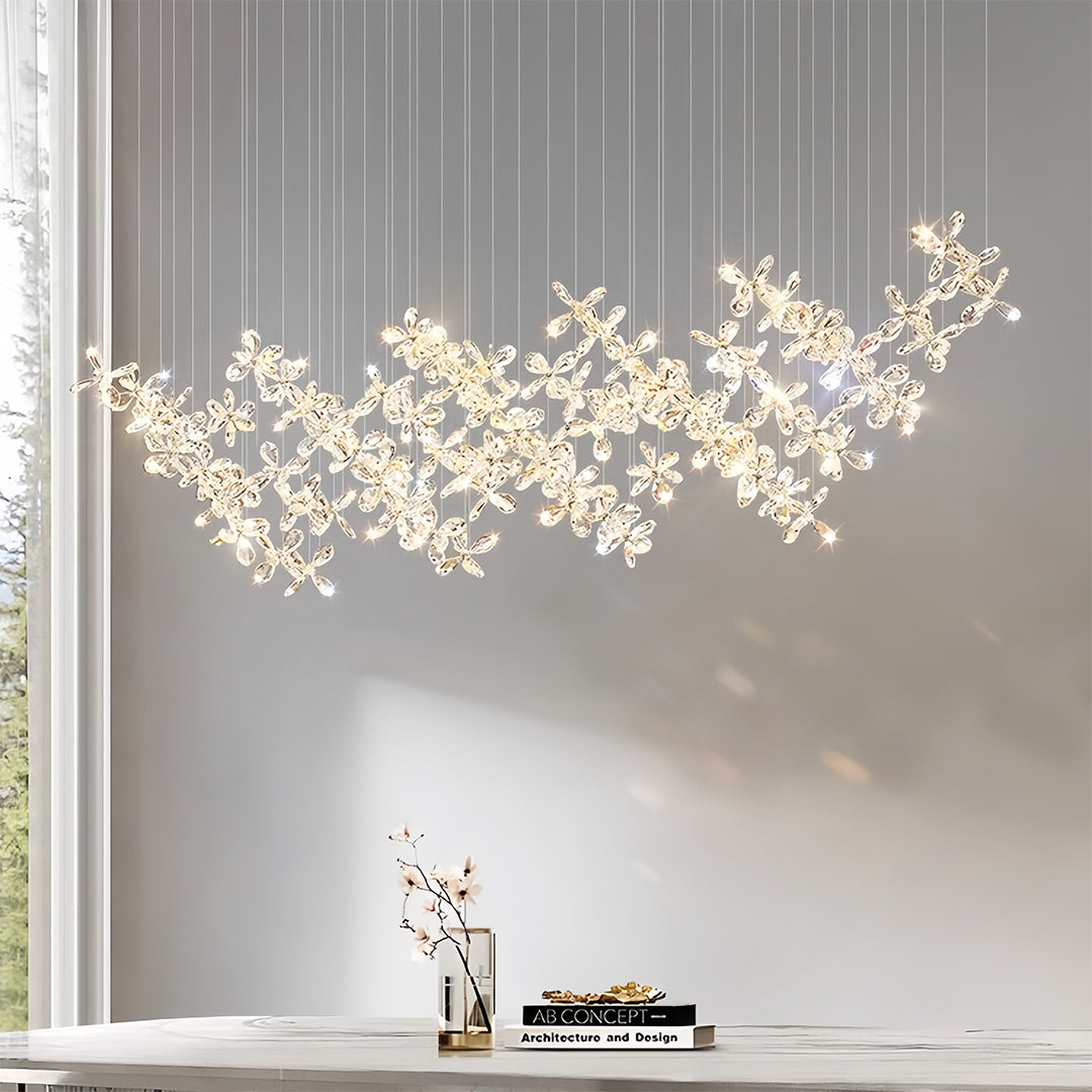 Crystal Blossom Cloud Chandelier, Chrome Rectangular Island Light 2
